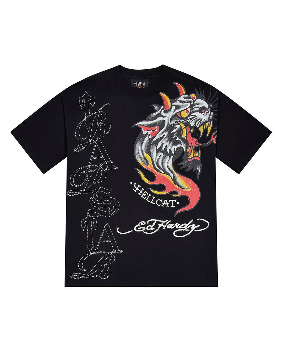 trapstar x ed hardy hell cat t-shirt – schwarz