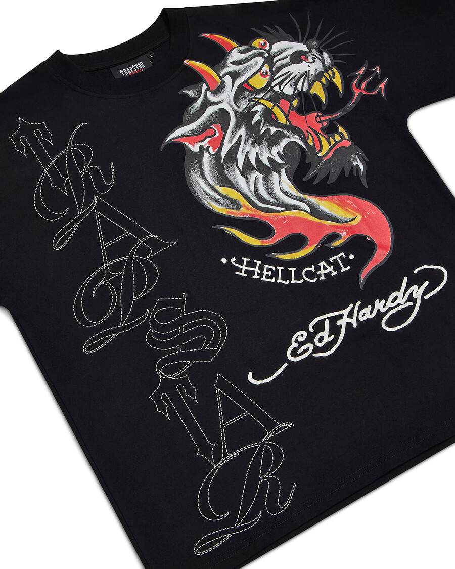 trapstar x ed hardy hell cat t-shirt – schwarz